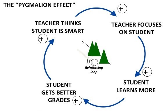 L'effet Pygmalion en boucle: l'enseignant pense que l'étudiant est intelligent + l'enseignant se focalise sur l'étudiant + l'étudiant apprend plus + l'étudiant obtient de meilleurs résultats + etc.